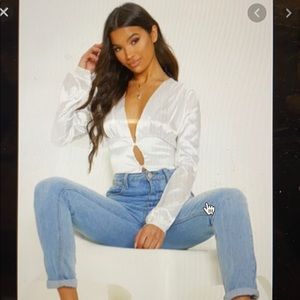 White satin plunge button detail shirt